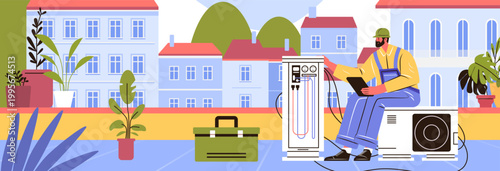 HVAC technician repairing outdoor air conditioner unit modern residential buildings plants toolbox rooftop maintenance scene