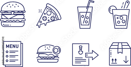 Fast food and beverage icons set in linear style