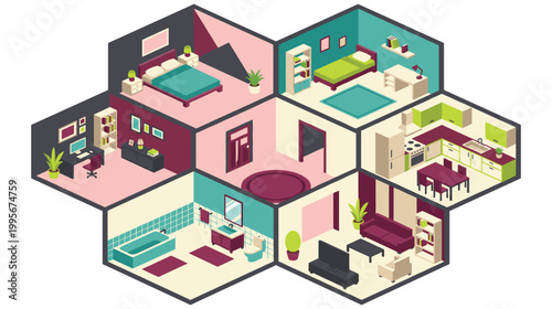 Isometric house cross section interior view with multiple furnished rooms.