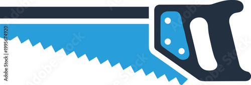 Hand saw vector illustration with blue jagged blade and dark handle for carpentry woodworking and diy home projects.
