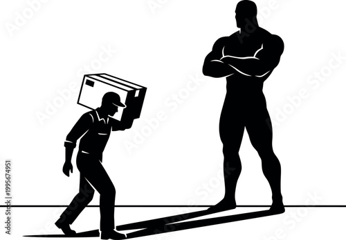 A small man struggles to carry a box but his shadow is a large imposing figure