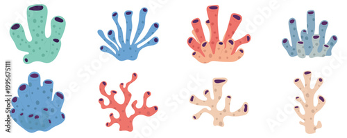 Set of colorful sea sponges and coral reef plants