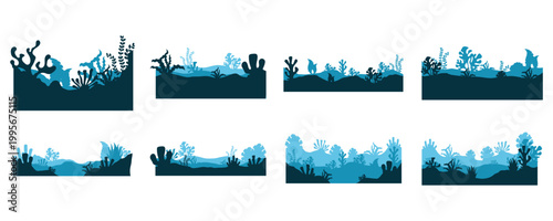 Set of underwater reef border silhouettes