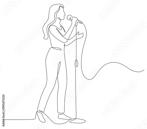 Continuous line drawing of a female singer with long, wavy hair standing holding a microphone and singing with a guidebook. Vector image on a white background. World Music Day