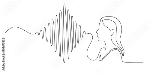 A continuous line drawing of a woman with long hair with lines extending to the left forming a visual pattern of frequency waves. Vector image on a white background. World Music Day

