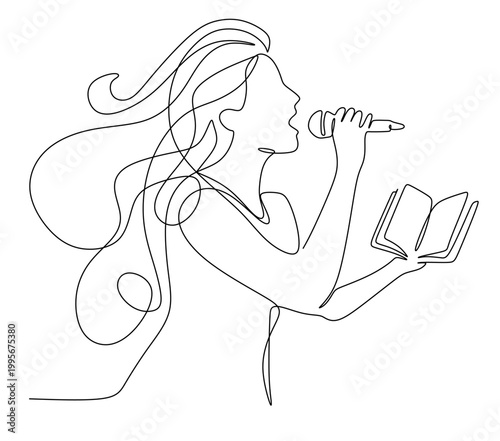 Continuous line drawing of a female singer with long, wavy hair holding a microphone and singing with a guidebook. Vector image on a white background. World Music Day