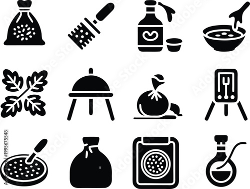 High quality black and white flat vector icon set of cooking ingredients, herbal seasonings, traditional food preparation tools, and organic culinary condiments cad drawing flat vector illustration