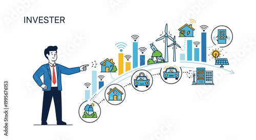 Businessman pointing at smart city elements vector illustration