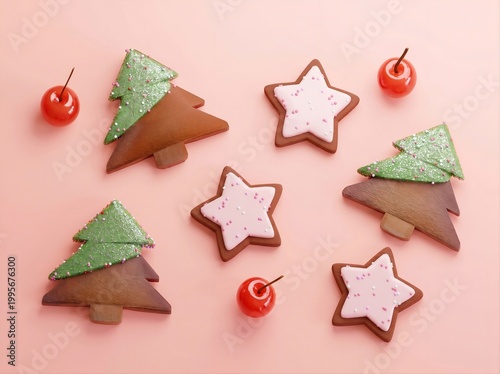 Christmas cookies with tree and star shapes on pink background