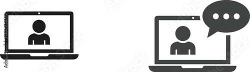 Detailed black and white flat vector illustration collection of online video call icons featuring laptop screens with user profiles and speech bubbles.