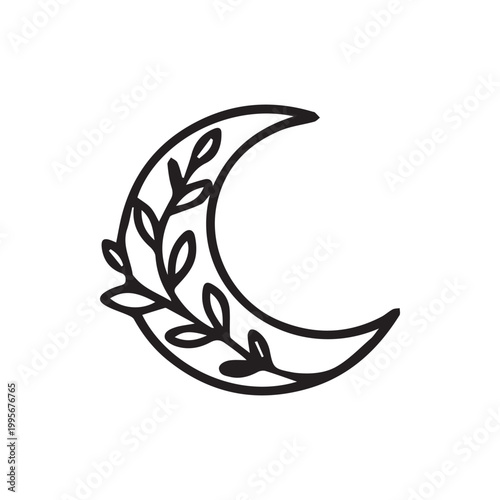 Tablou pe pânză Botanical Crescent Moon Design with Delicate Leaves and Celestial Charm