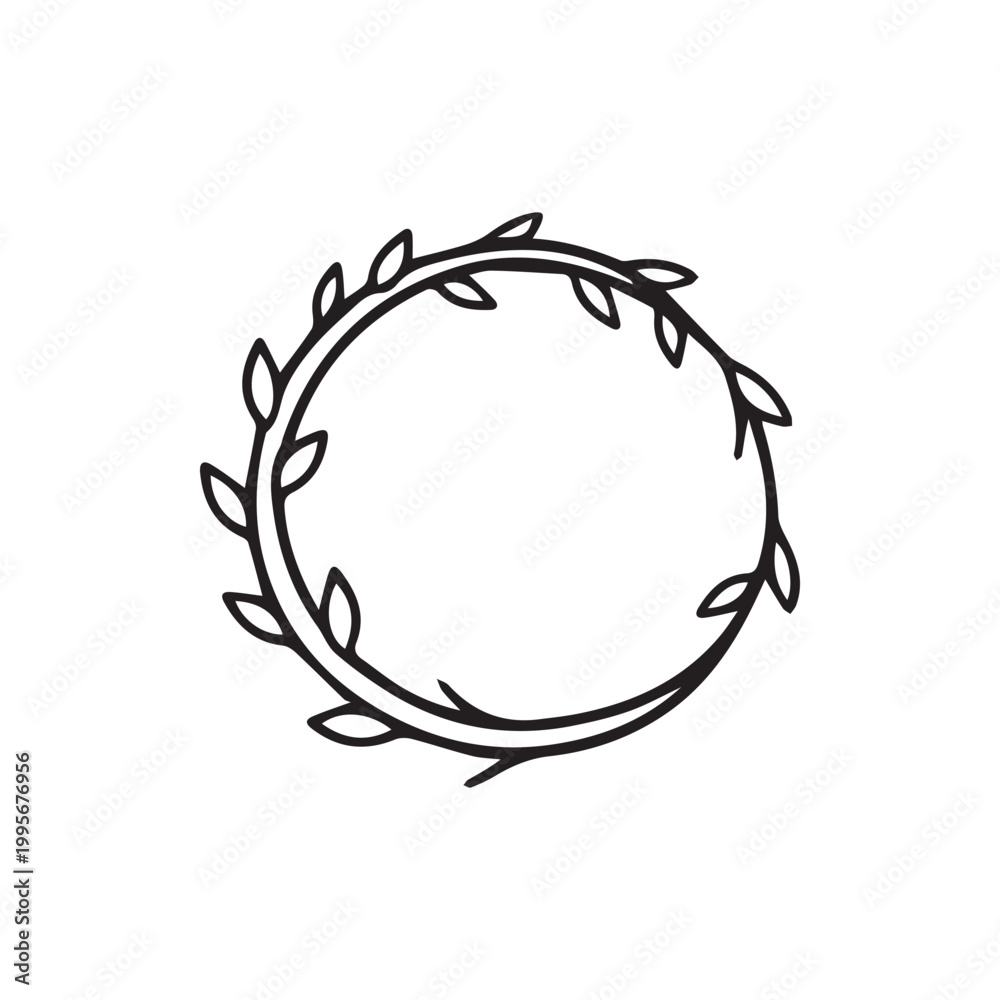 Fototapeta premium Elegant Hand Drawn Botanical Leaf Wreath Circle Frame Minimalist Design Element
