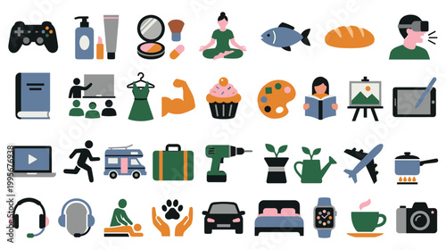 Lifestyle and leisure icons for daily activities and home hobbies collection.