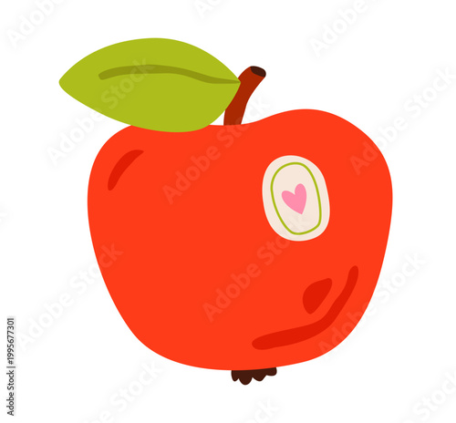 Cute apple illustration with leaf in flat minimal style. Fresh organic fruit perfect for healthy food and kids design.