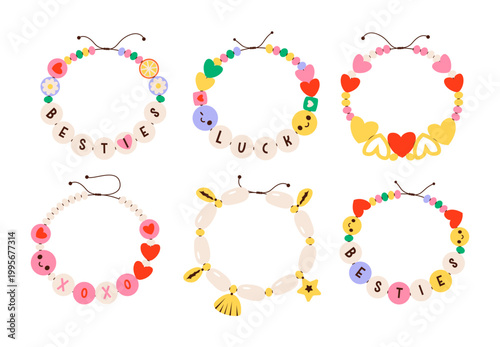 Cute beaded bracelets with beads, hearts, letters, and charms forming words like besties and love, playful accessory illustration set.