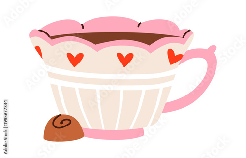Cute heart patterned teacup with chocolate candy. Cozy romantic drink illustration perfect for Valentine and sweet dessert themes.