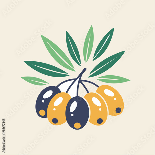 Stylized illustration of olives on a branch with leaves