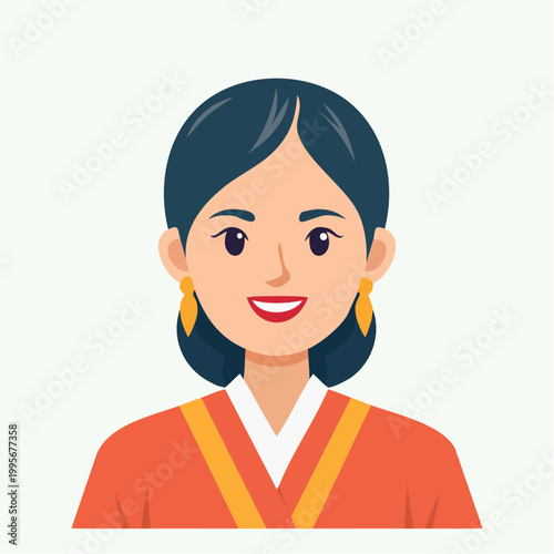 Illustration of a smiling woman with dark hair and earrings