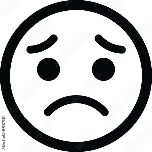 Simple black and white illustration of a sad face emoji conveying feelings of disappointment and unhappiness in a minimalist style