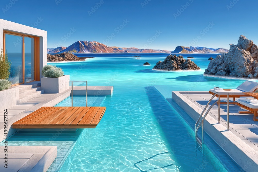 Fototapeta premium Luxury cliffside villa with infinity pool and ocean view for a relaxing seaside summer getaway