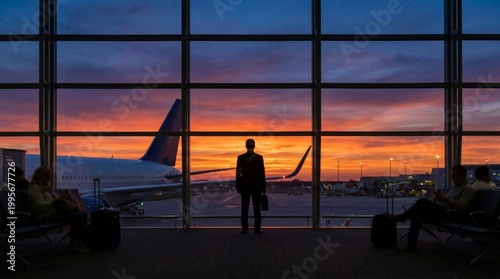 Businessman standing at airport window watching airplane at sunset