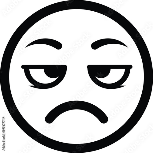 A simple black and white illustration of a sad face emoji conveying feelings of disappointment and unhappiness