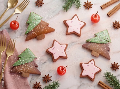 Christmas cookies with golden cutlery and spices on marble table