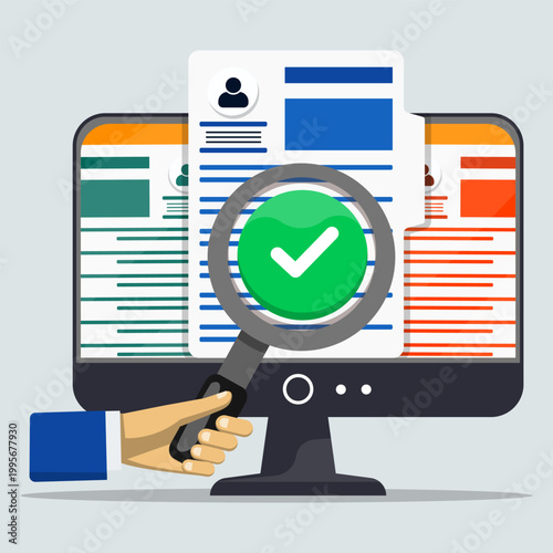 User profile verification on computer with magnifier and check mark. Concept of data validation, background check, identity confirmation, and secure recruitment process Artwork