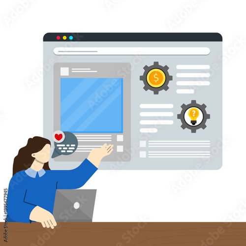 Businesswoman managing online content and social media marketing on website dashboard with finance and idea settings using laptop for digital strategy.