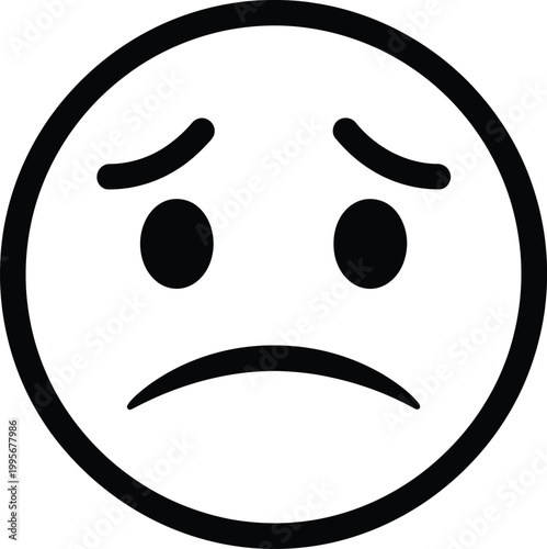 Simple black and white line drawing of a sad face emoji expressing disappointment or unhappiness with downturned features
