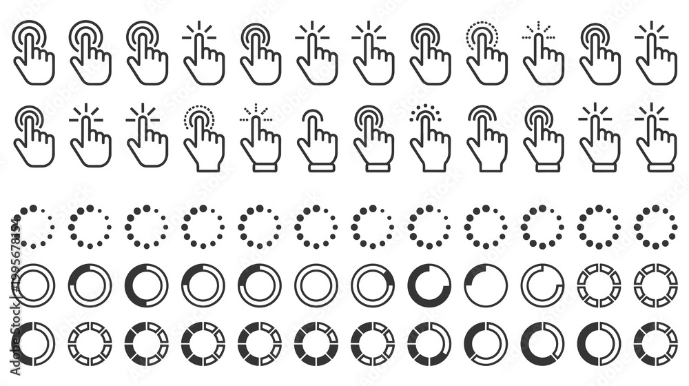Fototapeta premium Collection of hand click cursor icons and loading progress circle graphics.