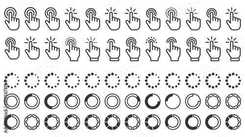 Collection of hand click cursor icons and loading progress circle graphics.