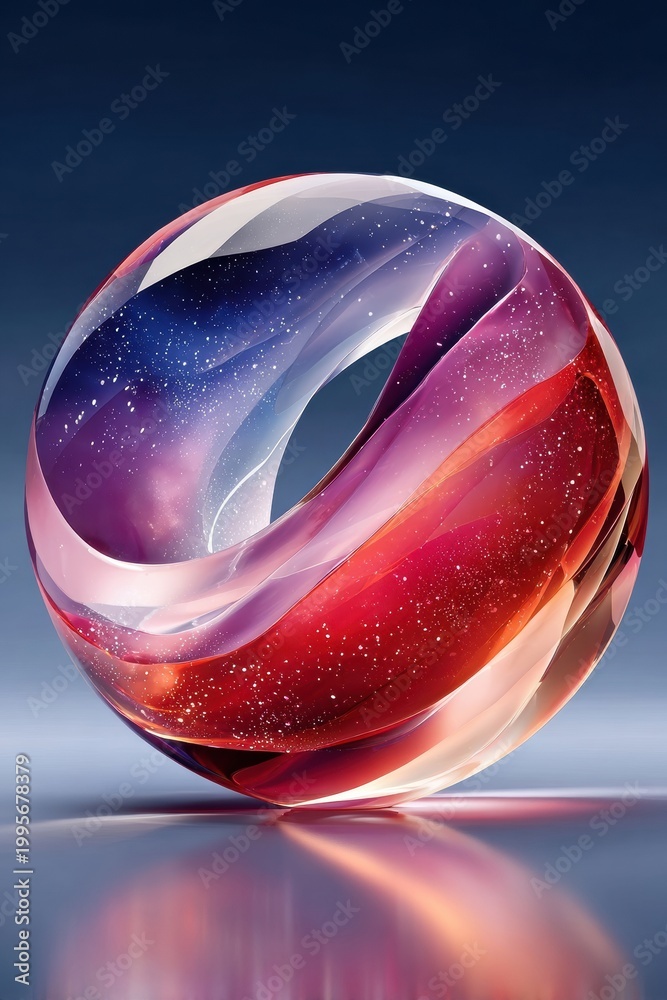 Fototapeta premium Colorful glass sculpture orb with swirling blue and pink gradient and cosmic speckle effect