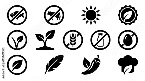Vegan Restaurant Menu Symbol Silhouette Set – Plant Based Food and Dietary Icons Collection