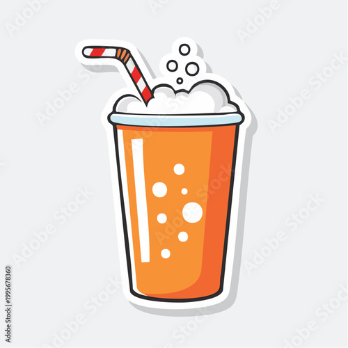 Cartoon Orange Soda Drink with Straw and Bubbles