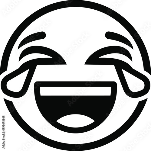 Black and white circular icon depicting a face overcome with laughter tears streaming down