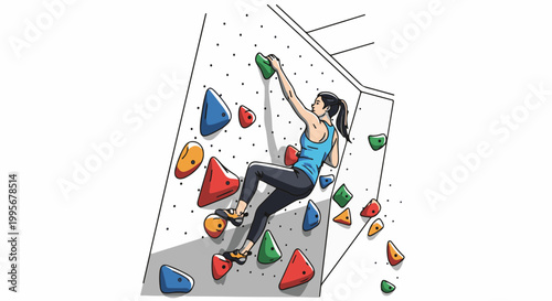 Woman indoor climbing on colorful holds