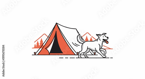 White dog runs joyfully past an orange tent with mountains and trees behind