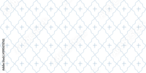 Seamless pattern with hand drawn light blue lattice and floral motifs on white background. Decorative texture. Elegant background.