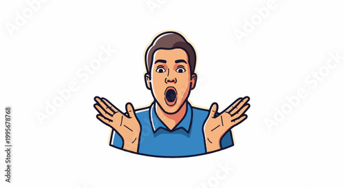 Wide-eyed cartoon man in a blue shirt with hands spread in surprise