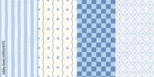 Set of blue hand drawn seamless patterns in mediterranean style. Perfect for high-quality textiles, boutique branding, wallpaper, and stationery projects.