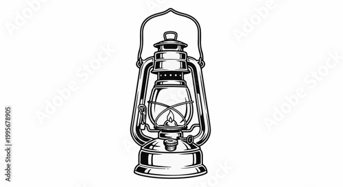 Vintage oil lantern with a lit wick, classic design, black and white illustration