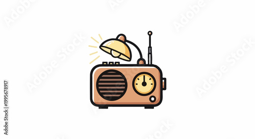 Vintage radio with an attached, glowing desk lamp, broadcasting tunes