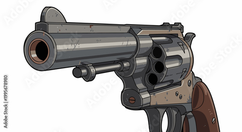 Vintage revolver firearm, pixel art style, metallic gray barrel with rust accents