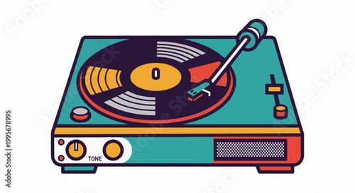 Vintage turntable with bright colors playing a record