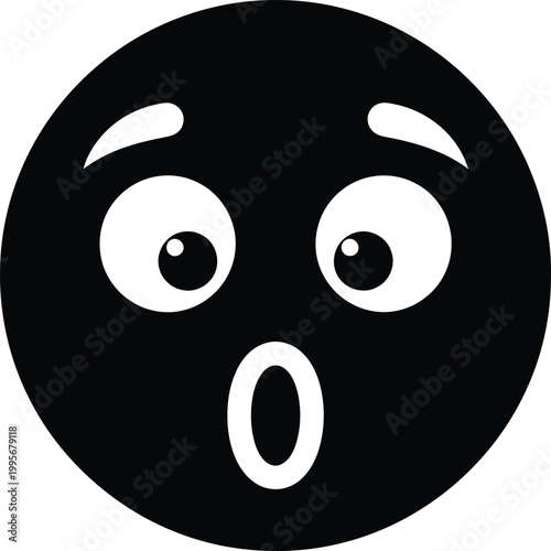 A black and white circular icon depicting a surprised or shocked face with wide eyes and an open mouth