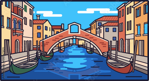 Vivid cartoon illustration of a Venetian canal with a bridge and gondolas