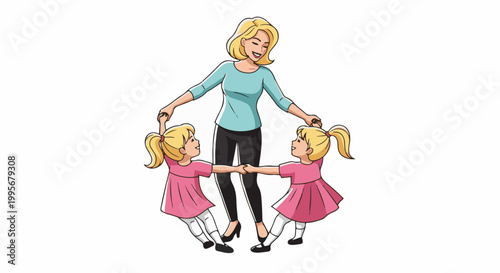 Woman and two children holding hands in a circle, smiling and having fun