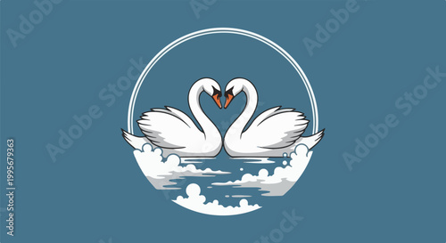 Two white swans in water forming a heart shape, framed by a circle