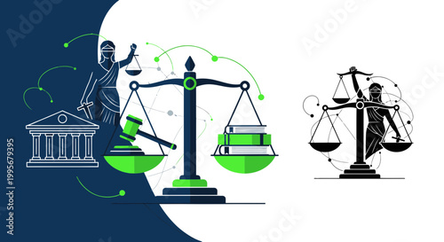 Justice Scales, Gavel, Law Books, and Lady Justice Symbolizing Legal System